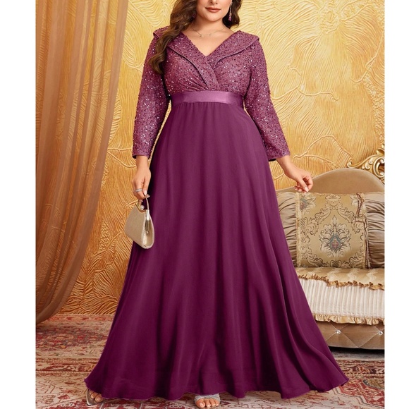 Plus Sequin V neck Party Evening Formal Wedding Flowy Dress - Picture 5 of 11